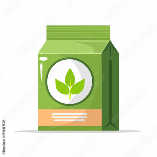 A green package with a circular emblem featuring three green leaves, suggesting natural products or organic goods.