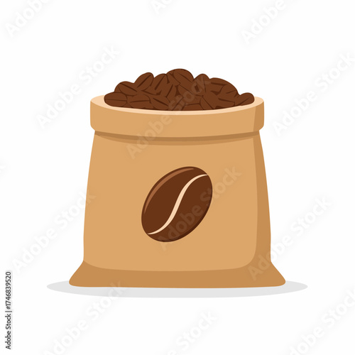 Brown paper bag full of coffee beans with a coffee bean icon on the side