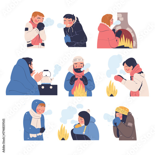 Freezing People Character Wearing Warm Clothes Trembling Feeling Cold Vector Set