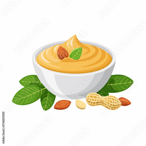 Creamy peanut and almond nut butter in a white bowl with fresh mint leaves illustration