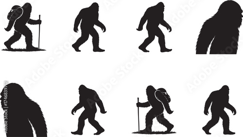 Collection of bigfoot sasquatch silhouettes walking and standing isolated on white background