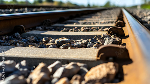Railway Track Detail: Close-up of weathered rails, gravel ballast, and concrete sleepers under bright sunlight, conveying a sense of journey.