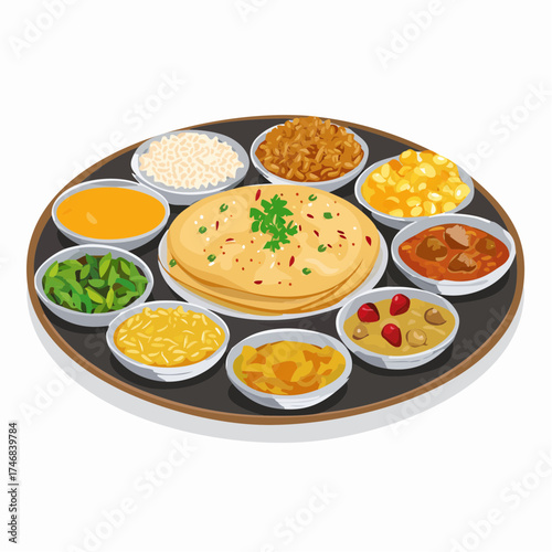 A colorful illustration of a traditional Indian thali, featuring various dishes and flatbread.