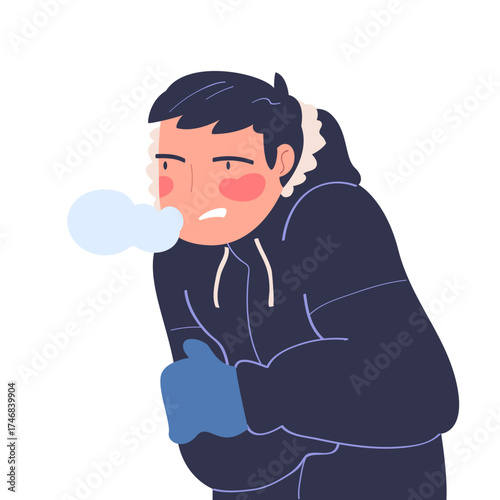 Freezing Man Character Wearing Warm Clothes Trembling Feeling Cold Vector Illustration