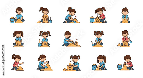 Line art illustrations of children riding scooters and bicycles in various poses.