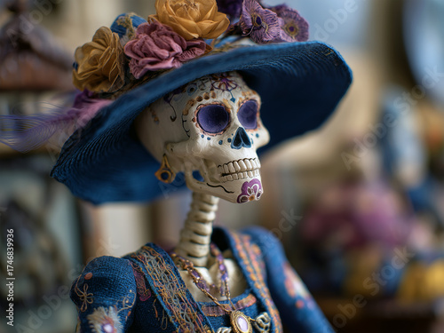 Portrait of a skeleton toy figurine with a painted face, makeup, and decorations like La Calavera Catrina, for the Day of the Dead celebration in Mexico
