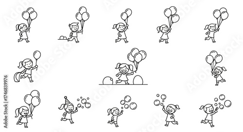 Line art illustrations of children riding scooters and bicycles in various poses.