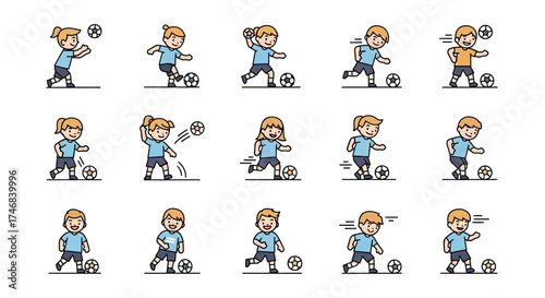 Line art illustrations of children riding scooters and bicycles in various poses.