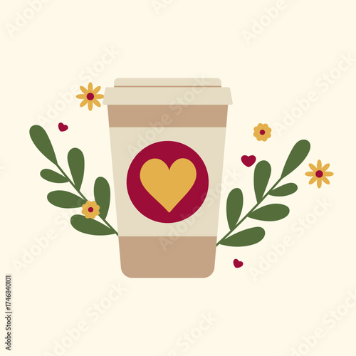 Coffee Cup with Heart and Autumn Floral Wreath