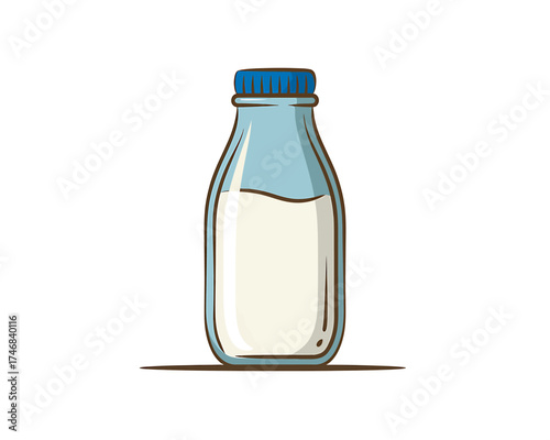 Isolated Illustration of Milk Bottle with Blue Cap on White Background for Healthy Eating or Dairy Product Advertisement