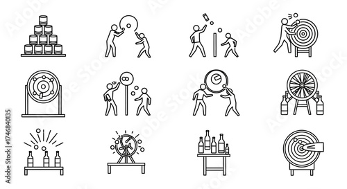 A collection of line art icons depicting various carnival, fairground, and party games, including ring toss, dartboards, and bottle knock-down challenges.