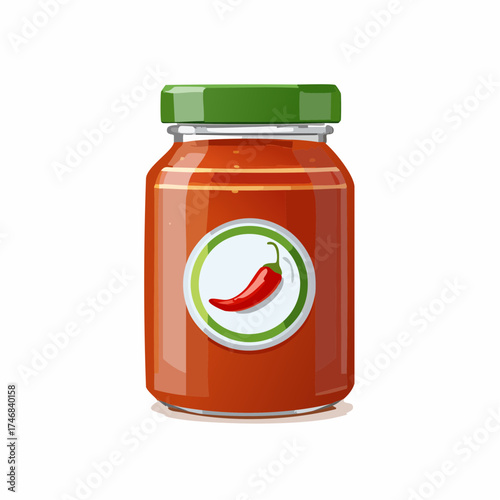 A jar of red chili sauce with a green lid and a chili pepper label, isolated on a white background.
