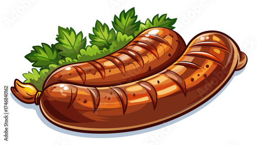 Very beautiful close-up premium grilled sausage garnished with fresh parsley, vector-style illustration highlighting juicy texture, golden-brown tones, and appetizing presentation on clean white 