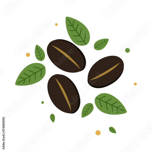 Three Coffee Beans With Green Leaves Decoration