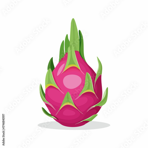 A vibrant, stylized illustration of a single, ripe dragon fruit with green leafy extensions, isolated on a white background.