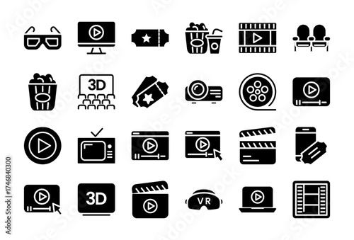 Cinema Set of Web Icons Movie and Film Icon Collection Containing Video Movie Theater 3D VR Popcorn Ticket Director Soundtrack and More