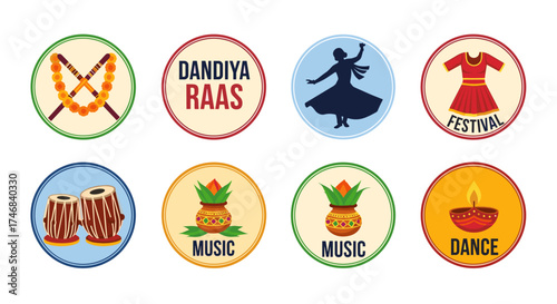 A vibrant collection of circular icons representing the cultural elements of Dandiya Raas, a traditional Indian dance form, perfect for design projects and festive celebrations.