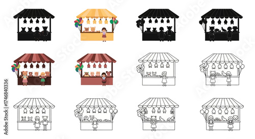 A collection of colorful market stalls, offering various goods, in different styles.