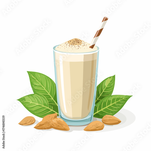 Delicious and creamy plant-based almond milk beverage, a healthy dairy-free alternative served in a glass with almonds and green leaves, vibrant illustration