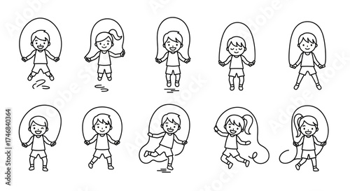 Collection of line art illustrations depicting children jumping rope, exercising.