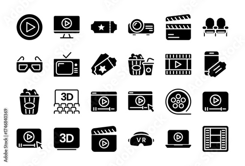 Cinema Set of Web Icons Movie and Film Icon Collection Containing Video Movie Theater 3D VR Popcorn Ticket Director Soundtrack and More