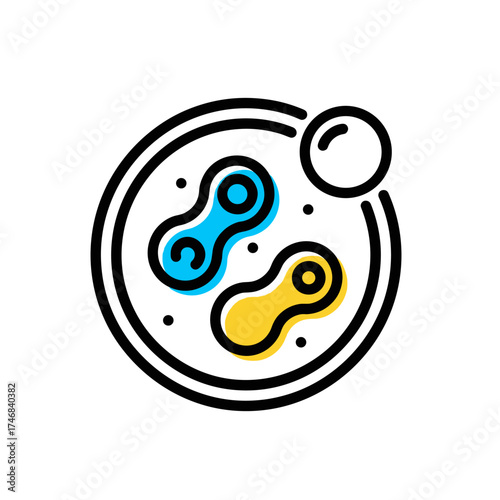A vibrant, vector illustration depicts a microscopic view of cells within a petri dish, showcasing a clean, modern design with bright blue and yellow elements on a white background.