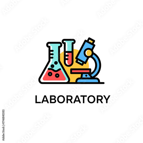 A colorful, vector illustration depicts laboratory equipment including a flask, test tubes, and a microscope, perfect for scientific and research-related designs.