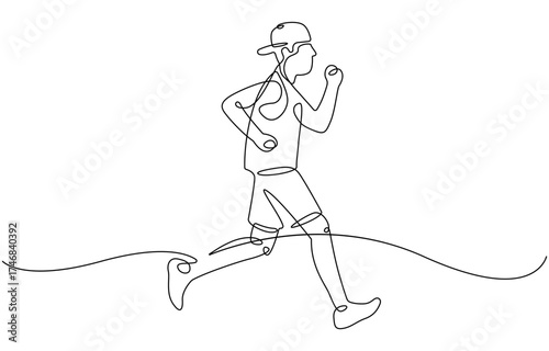 continuous line drawing of energetic man running.