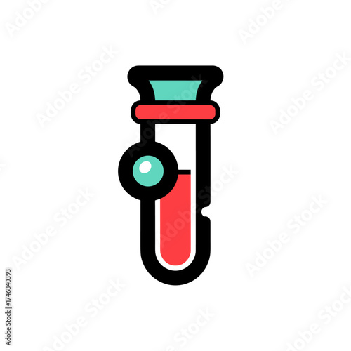 A brightly colored, flat vector illustration depicts a test tube filled with red liquid, symbolizing scientific research and medical analysis on a clean white background.