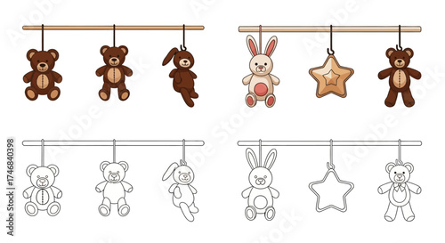 Colorful and outlined illustrations of hanging plush toys, including bears, bunnies, and a star.