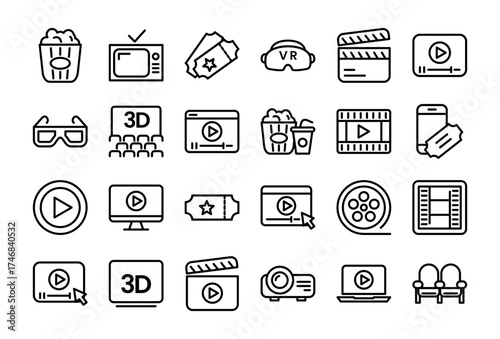 Cinema Set of Web Icons Movie and Film Icon Collection Containing Video Movie Theater 3D VR Popcorn Ticket Director Soundtrack and More