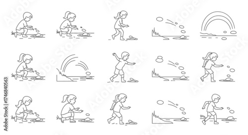 Sequence showing a child interacting with rocks, throwing them, and creating arcs.