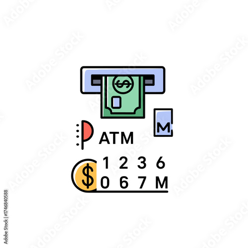 A colorful and stylized illustration depicts an ATM machine dispensing money, with associated financial symbols and a numeric keypad, suitable for banking or finance concepts.