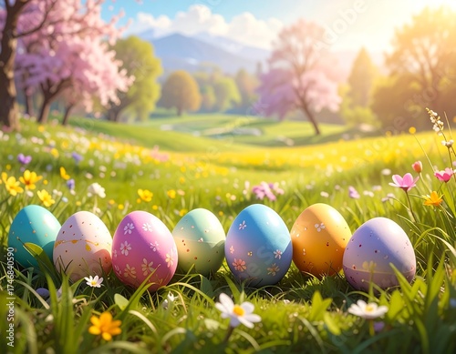 Easter Eggs in a Lush Meadow with Flowers and Blooming Trees, a Happy Scene