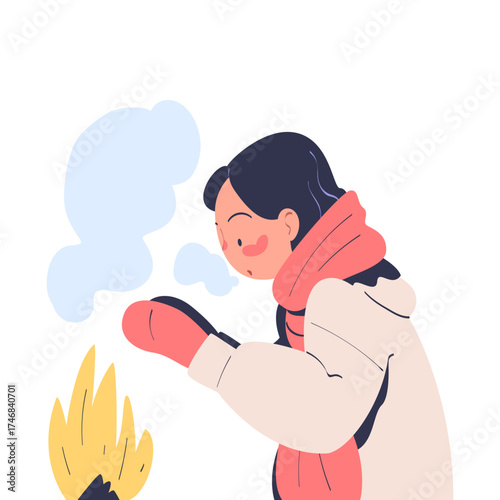 Freezing Woman Character Wearing Warm Clothes Trembling Feeling Cold at Fire Vector Illustration