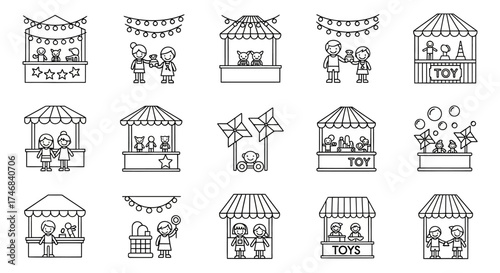 A collection of simple, black and white illustrations of various market stalls and shoppers.