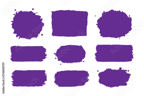 Black dried paint splattered in dirty style. Isolated black ink stencils for graphic design, text fields. Artistic texture of ink brush strokes, splatter stains, callout. Paintbrush, stroke vector set