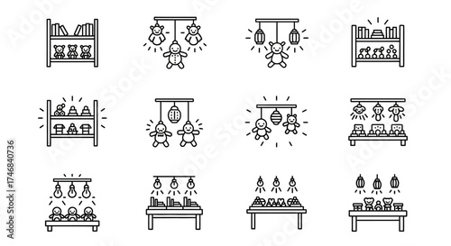 Collection of twelve outlined illustrations depicting toys and displays on shelves and hanging mobiles.