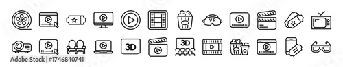 Cinema Set of Web Icons Movie and Film Icon Collection Containing Video Movie Theater 3D VR Popcorn Ticket Director Soundtrack and More