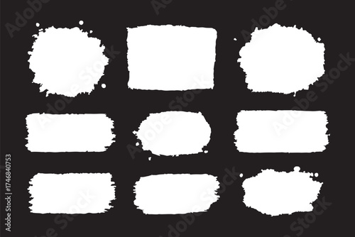 Black dried paint splattered in dirty style. Isolated black ink stencils for graphic design, text fields. Artistic texture of ink brush strokes, splatter stains, callout. Paintbrush, stroke vector set
