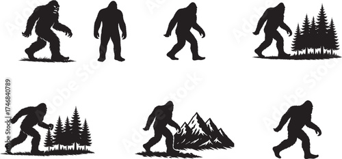 Collection of bigfoot silhouettes in various poses and forest environments isolated on a white background, vector style