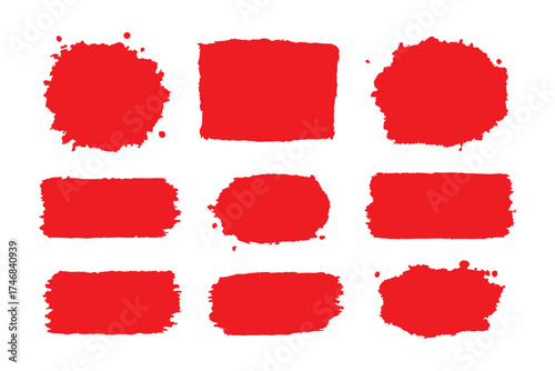 Black dried paint splattered in dirty style. Isolated black ink stencils for graphic design, text fields. Artistic texture of ink brush strokes, splatter stains, callout. Paintbrush, stroke vector set