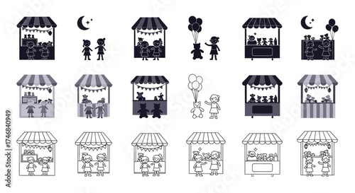 Collection of illustrated market stalls with children and various items for sale.