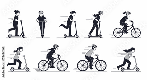 Illustration depicting people riding scooters and bicycles in various poses and angles, showcasing active transportation.