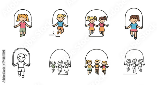 Collection of cartoon children jumping rope, both individually and in groups, depicted in color and black and white.