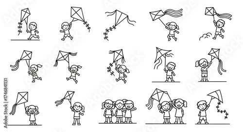 A collection of simple line drawings depicting children playing with kites in various poses.