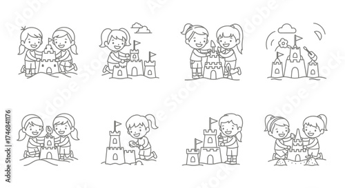 Line art illustrations showing two children building sandcastles together on a beach with flags and clouds.
