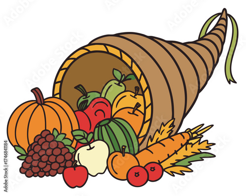 cornucopia horn of plenty with fruits and vegetables silhouette vector illustration