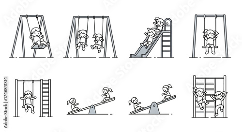 Children enjoying various playground activities, including swings, slides, and climbing structures.