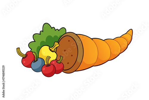 cornucopia horn of plenty with fruits and vegetables vector illustration isolated on white background